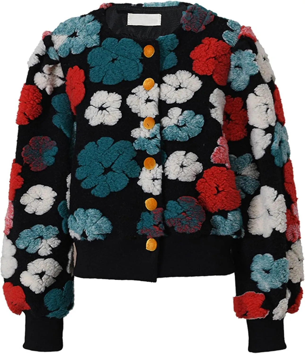 Yimoon Womens Cropped Floral Print Jacket Puff Sleeve Fleece Bomber Jacket Button Down Fall Winter Warm Outerwear