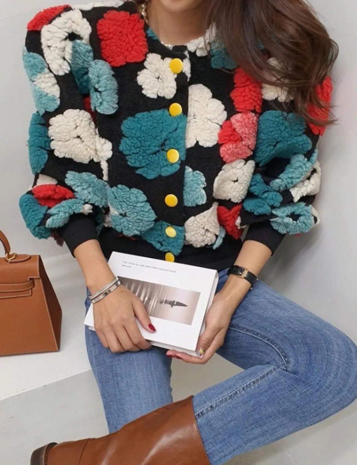 Yimoon Womens Cropped Floral Print Jacket Puff Sleeve Fleece Bomber Jacket Button Down Fall Winter Warm Outerwear