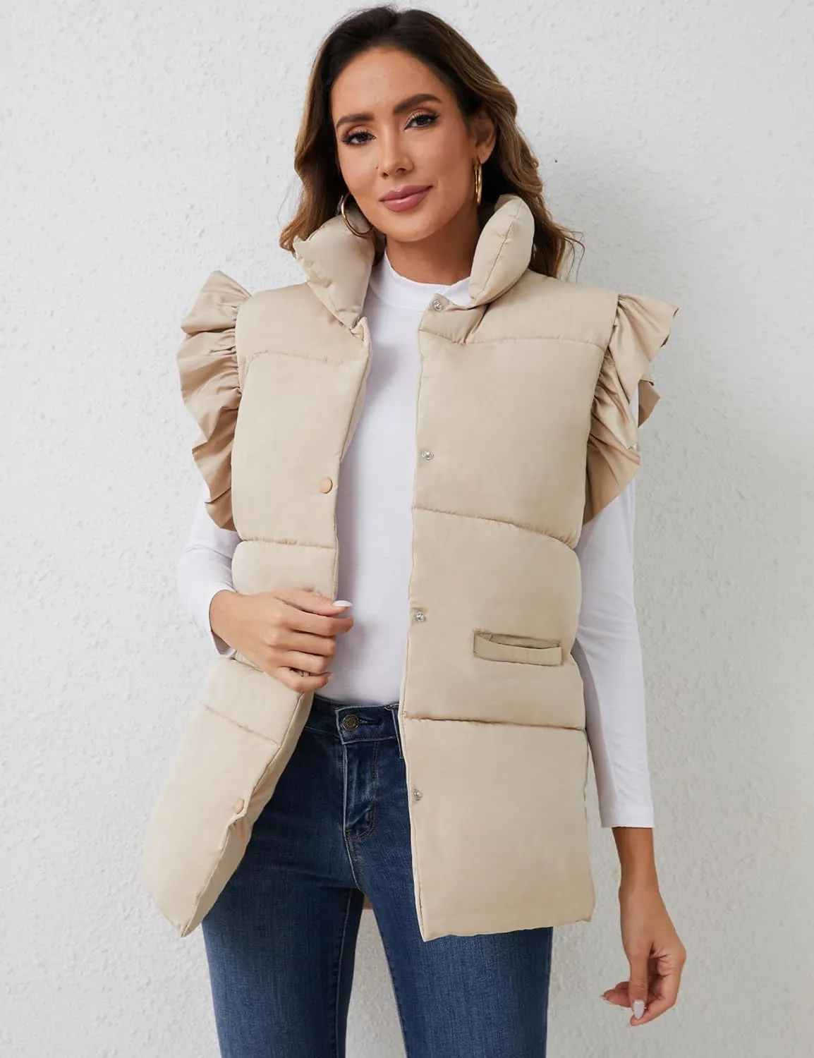 Yimoon Women's Ruffle Puffer Vest Lightweight Sleeveless Padded Gilet Oversized Warm Outwear Vests