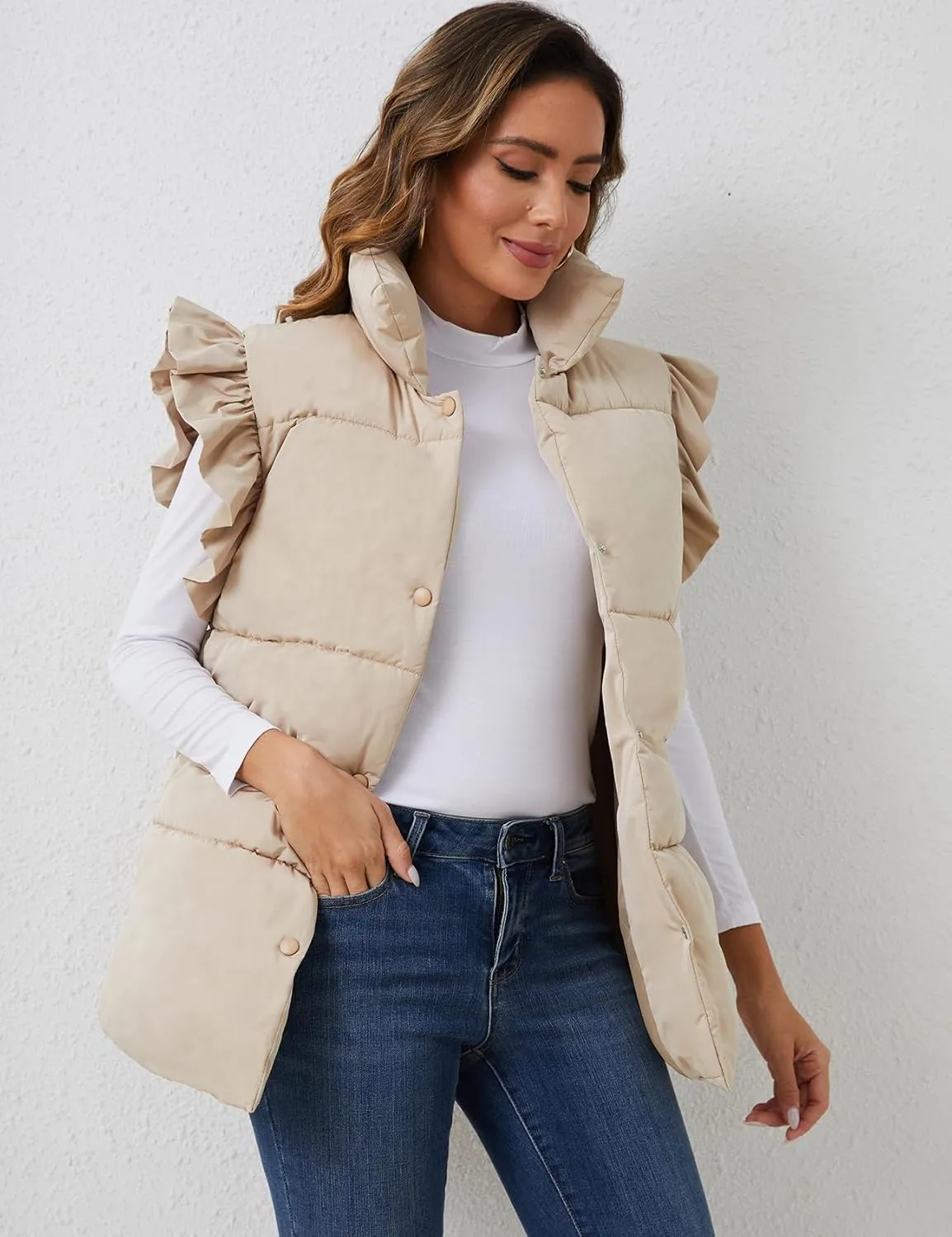 Yimoon Women's Ruffle Puffer Vest Lightweight Sleeveless Padded Gilet Oversized Warm Outwear Vests