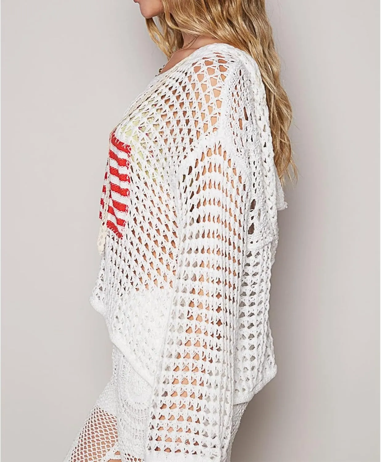 Yoawdats Womens American Flag Crochet Sweater Lightweight Long Sleeve Hollow Out Knitted Hoodie Loose Pullover Sweaters
