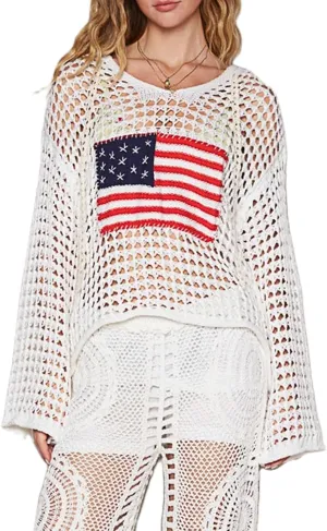 Yoawdats Womens American Flag Crochet Sweater Lightweight Long Sleeve Hollow Out Knitted Hoodie Loose Pullover Sweaters