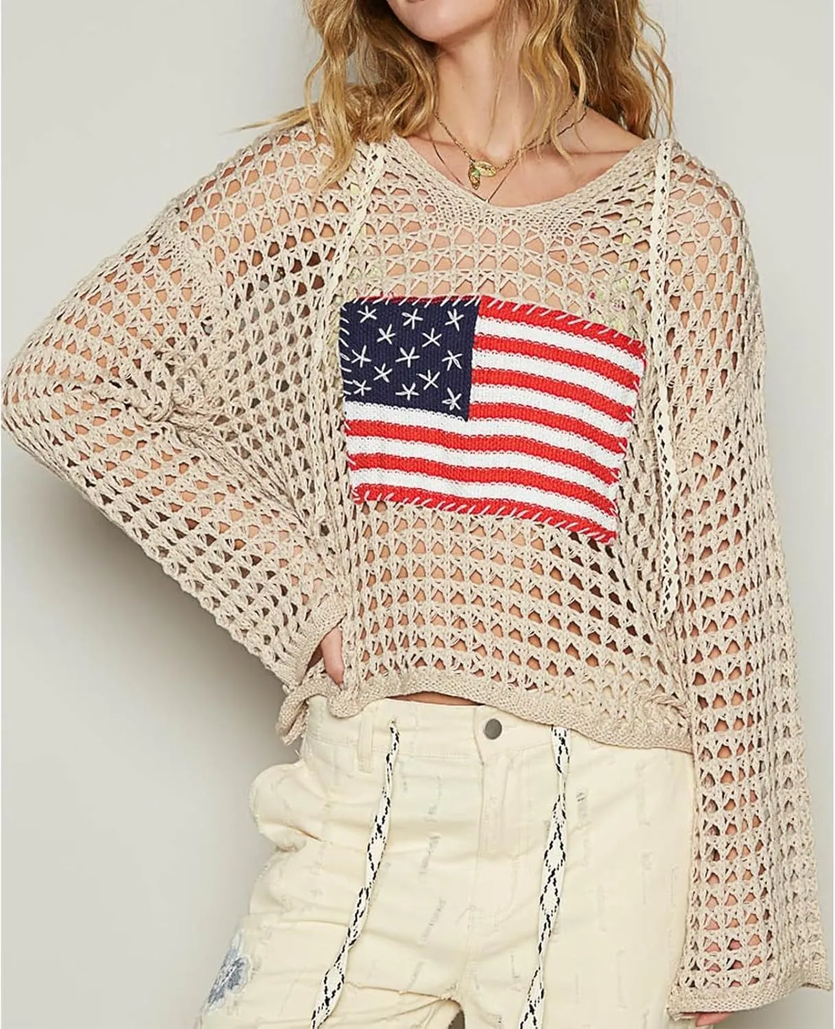 Yoawdats Womens American Flag Crochet Sweater Lightweight Long Sleeve Hollow Out Knitted Hoodie Loose Pullover Sweaters