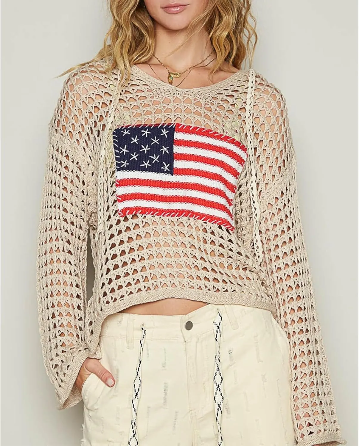 Yoawdats Womens American Flag Crochet Sweater Lightweight Long Sleeve Hollow Out Knitted Hoodie Loose Pullover Sweaters