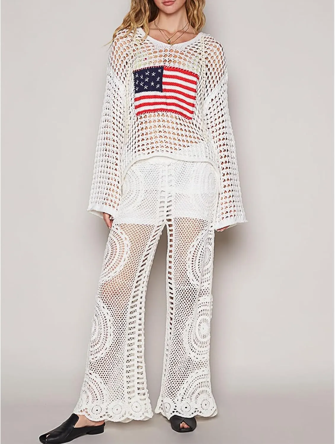 Yoawdats Womens American Flag Crochet Sweater Lightweight Long Sleeve Hollow Out Knitted Hoodie Loose Pullover Sweaters