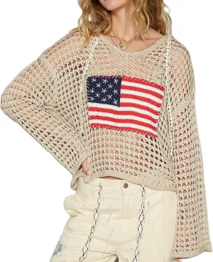 Yoawdats Womens American Flag Crochet Sweater Lightweight Long Sleeve Hollow Out Knitted Hoodie Loose Pullover Sweaters