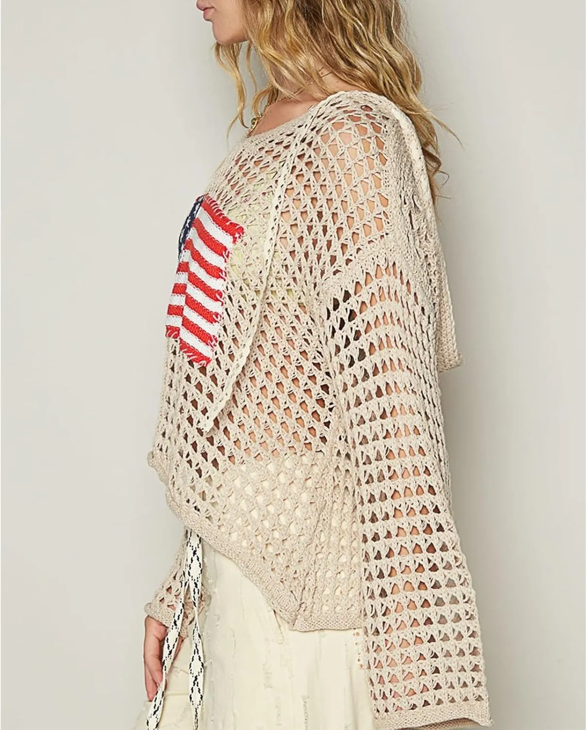 Yoawdats Womens American Flag Crochet Sweater Lightweight Long Sleeve Hollow Out Knitted Hoodie Loose Pullover Sweaters