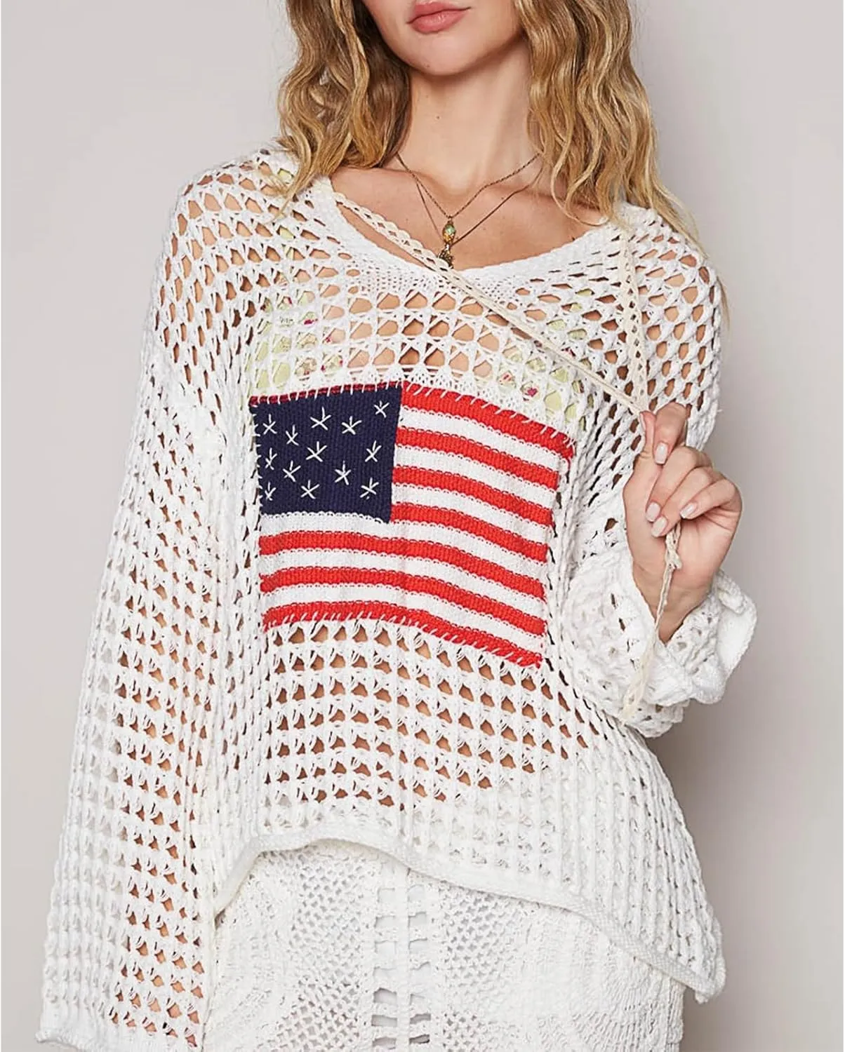 Yoawdats Womens American Flag Crochet Sweater Lightweight Long Sleeve Hollow Out Knitted Hoodie Loose Pullover Sweaters