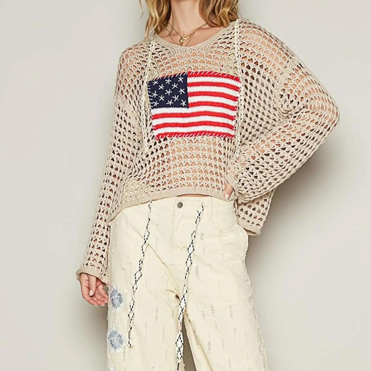 Yoawdats Womens American Flag Crochet Sweater Lightweight Long Sleeve Hollow Out Knitted Hoodie Loose Pullover Sweaters