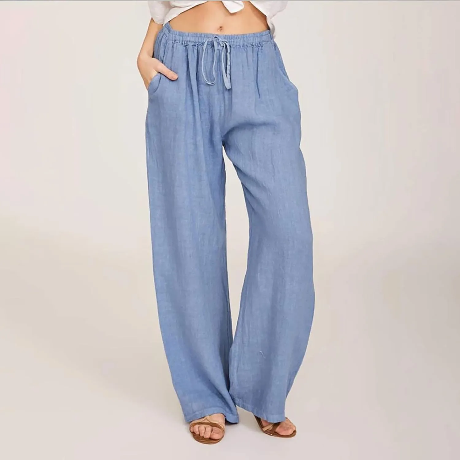 YRAETENM Womens Linen Pants Drawstring Hjgh Elastic Waist Casual Wide Leg Trousers Soft Loose Wide Leg Pants with Pockets