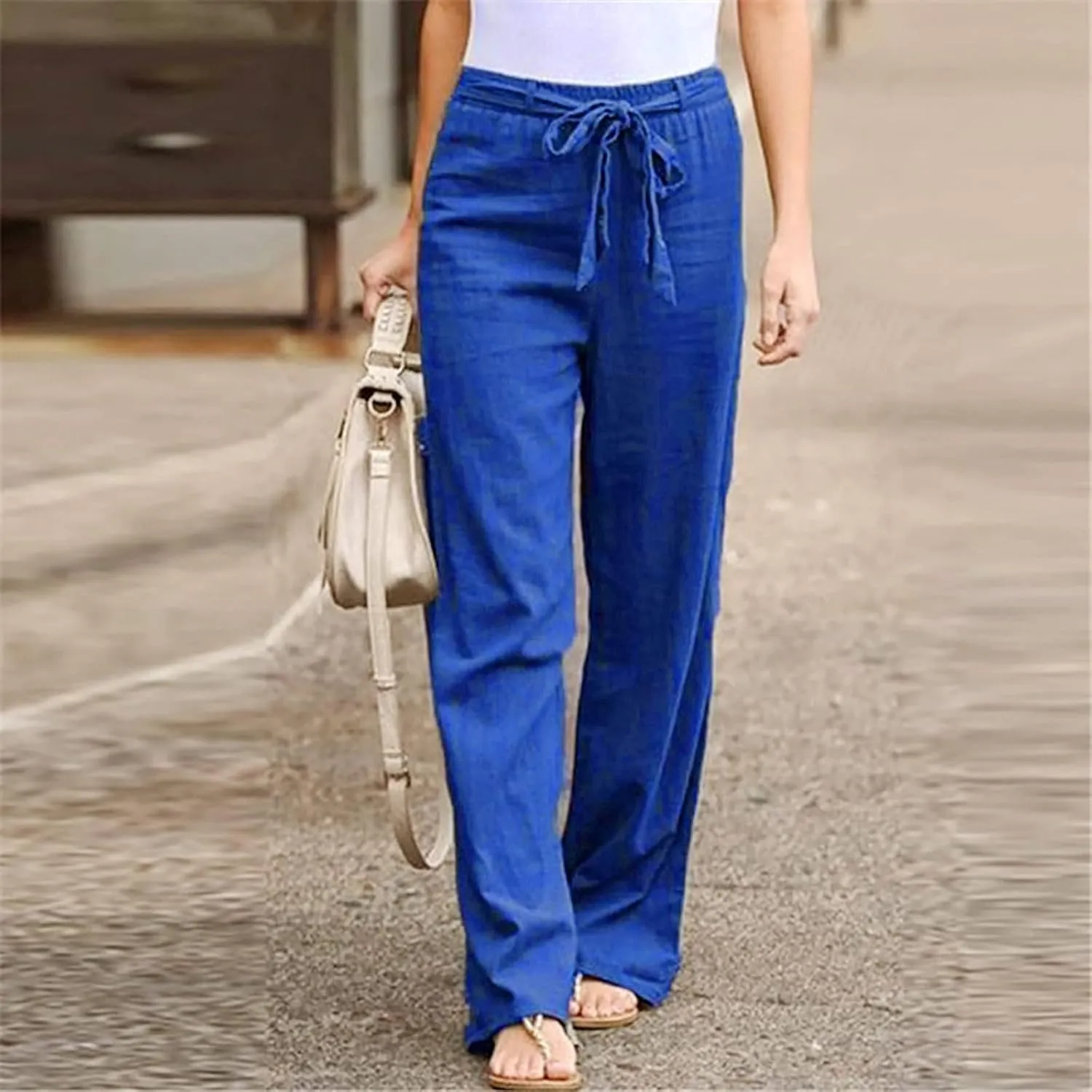 YRAETENM Womens Linen Pants Drawstring Hjgh Elastic Waist Casual Wide Leg Trousers Soft Loose Wide Leg Pants with Pockets