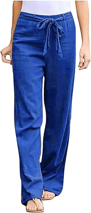 YRAETENM Womens Linen Pants Drawstring Hjgh Elastic Waist Casual Wide Leg Trousers Soft Loose Wide Leg Pants with Pockets