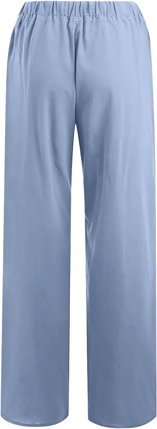 YRAETENM Womens Linen Pants Drawstring Hjgh Elastic Waist Casual Wide Leg Trousers Soft Loose Wide Leg Pants with Pockets