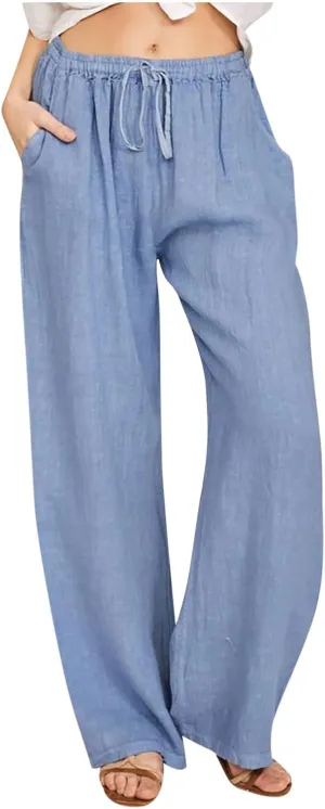 YRAETENM Womens Linen Pants Drawstring Hjgh Elastic Waist Casual Wide Leg Trousers Soft Loose Wide Leg Pants with Pockets