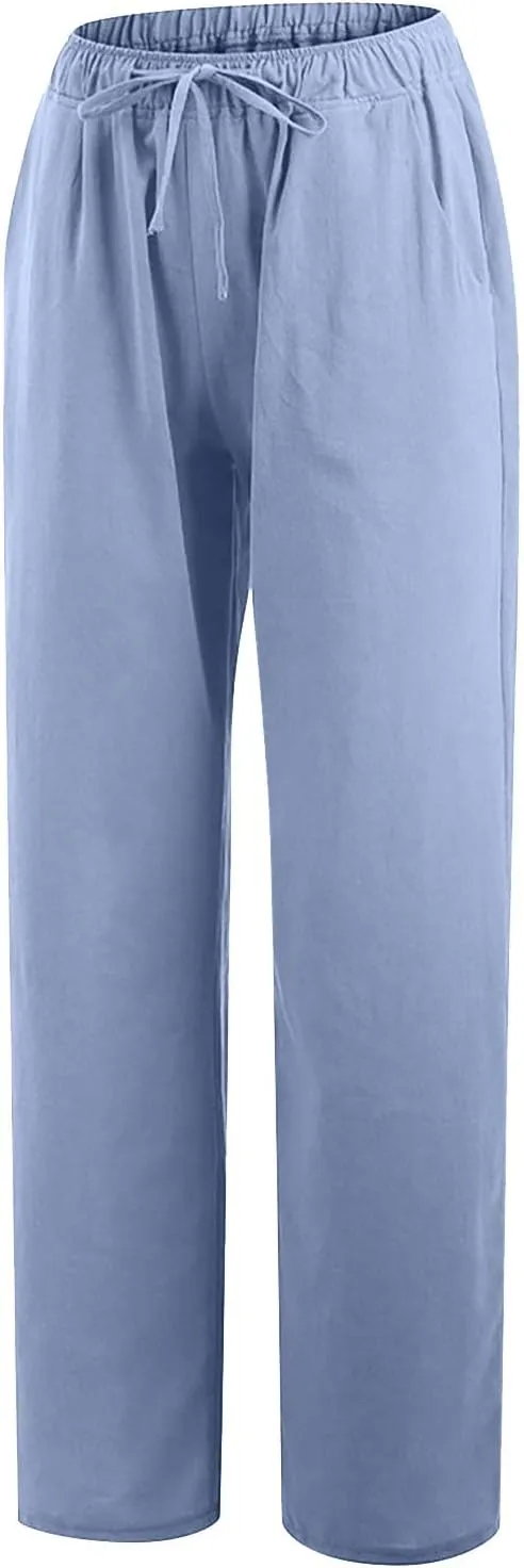 YRAETENM Womens Linen Pants Drawstring Hjgh Elastic Waist Casual Wide Leg Trousers Soft Loose Wide Leg Pants with Pockets
