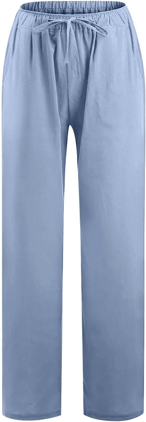 YRAETENM Womens Linen Pants Drawstring Hjgh Elastic Waist Casual Wide Leg Trousers Soft Loose Wide Leg Pants with Pockets