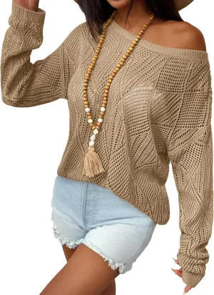 Zeagoo Crochet Tops for Women Off The Shoulder Sweaters Summer Long Sleeve Hollow Out Knit Beach Clothes S-XXL