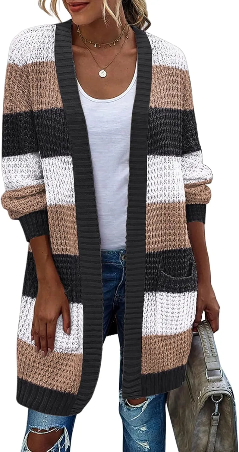 Zeagoo Women's 2025 Fall Open Front Cardigan Long Batwing Sleeve Chunky Knit Sweater Loose Outerwear Coats with Pockets