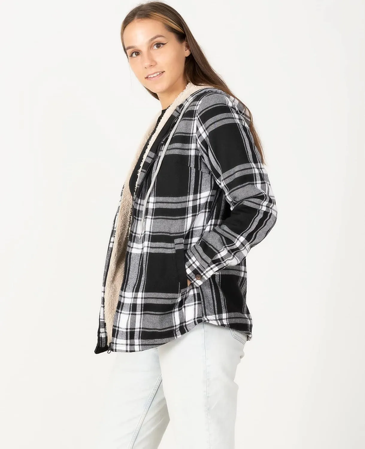 ZENTHACE Womens Sherpa Lined Flannel Jacket Full Zip Up Hooded Flannel Plaid Shirt Jacket with Side Pockets
