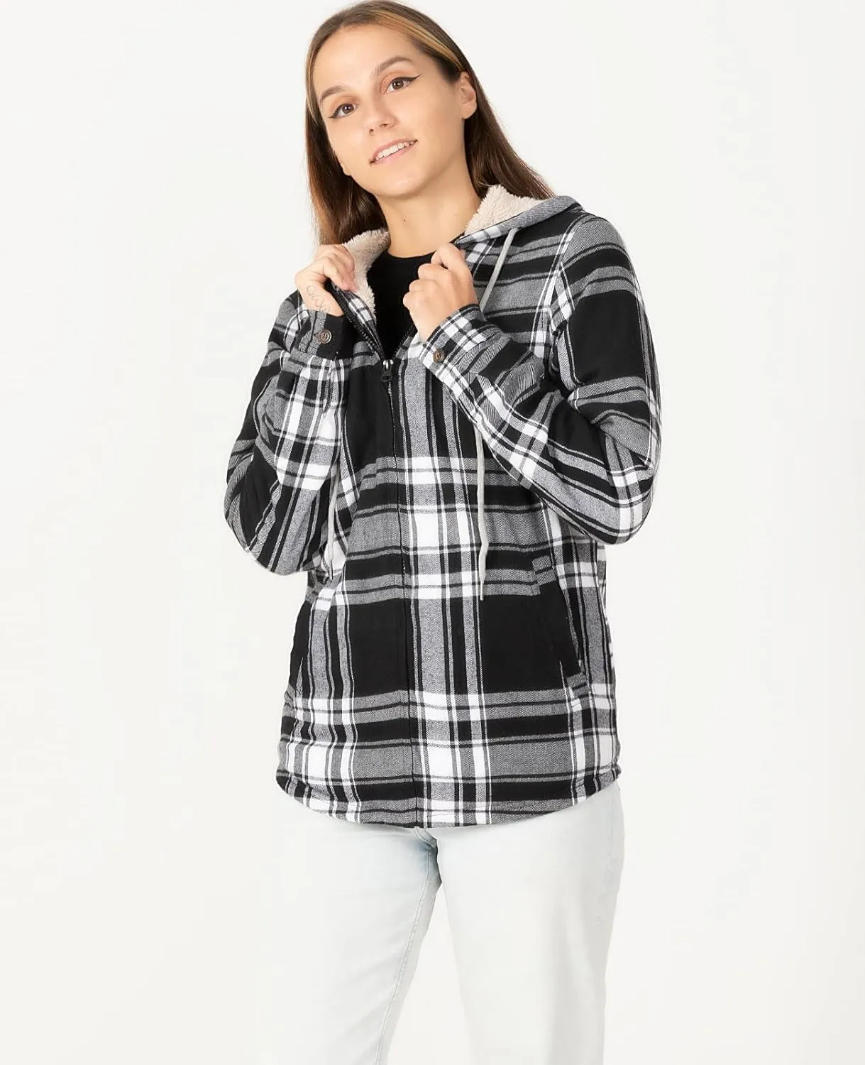 ZENTHACE Womens Sherpa Lined Flannel Jacket Full Zip Up Hooded Flannel Plaid Shirt Jacket with Side Pockets