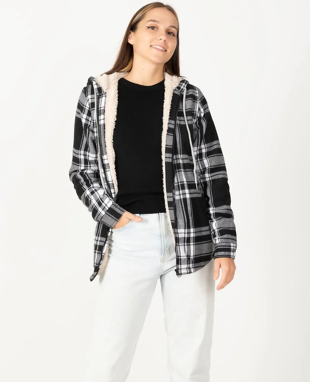 ZENTHACE Womens Sherpa Lined Flannel Jacket Full Zip Up Hooded Flannel Plaid Shirt Jacket with Side Pockets