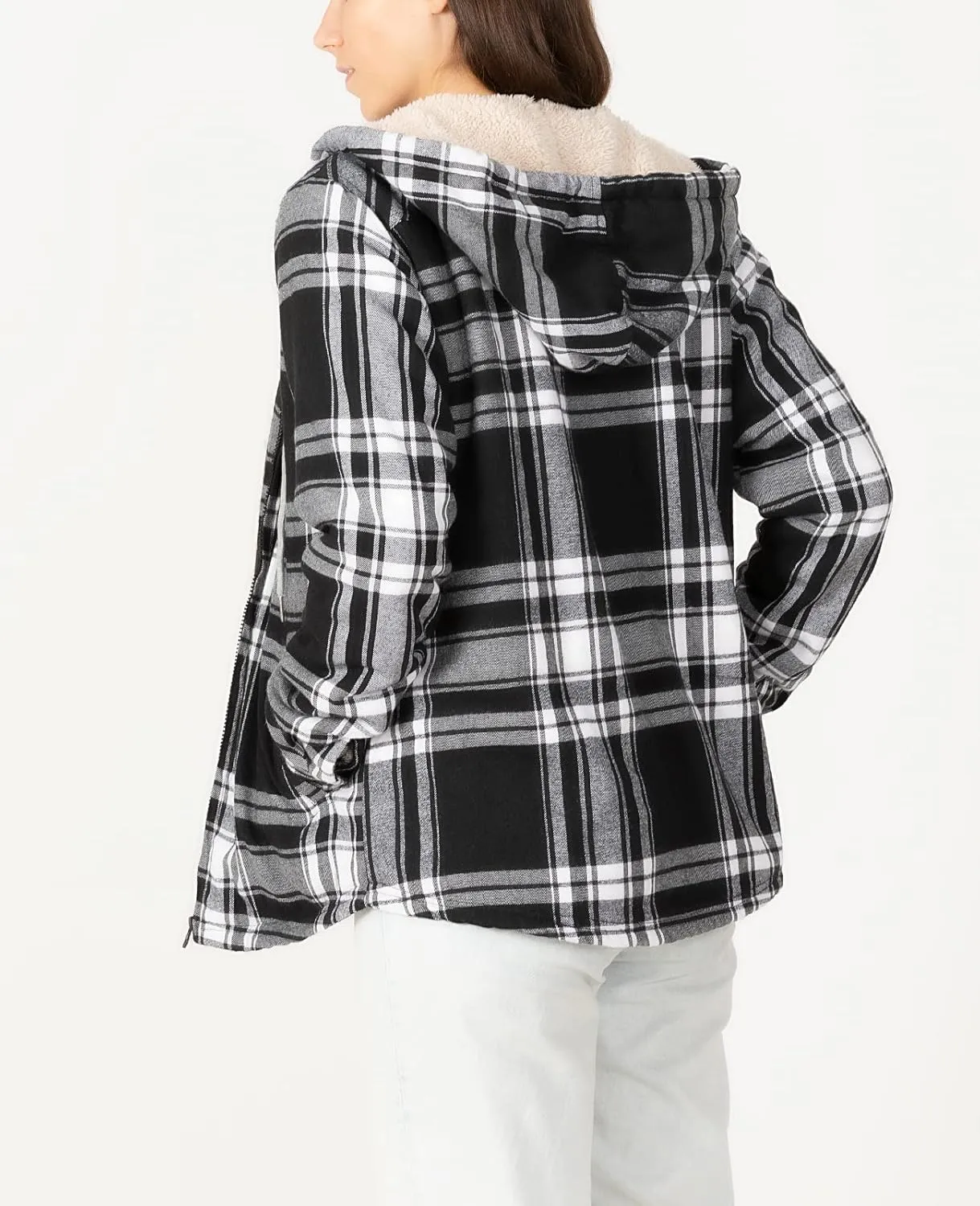 ZENTHACE Womens Sherpa Lined Flannel Jacket Full Zip Up Hooded Flannel Plaid Shirt Jacket with Side Pockets