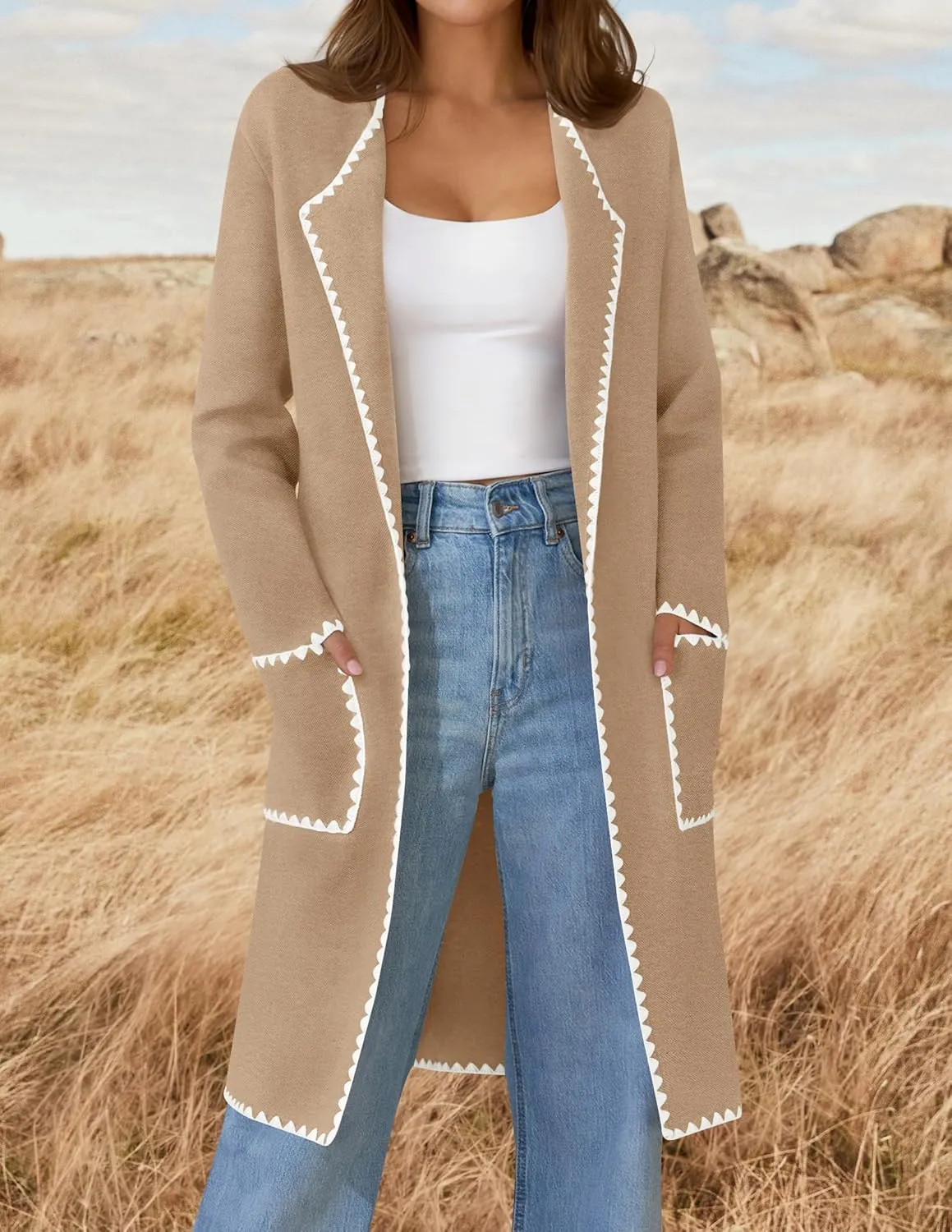 ZESICA Women's Open Front Long Cardigan Sweater Casual Lapel Coatigan Coat Fall Jacket Outerwear with Pockets