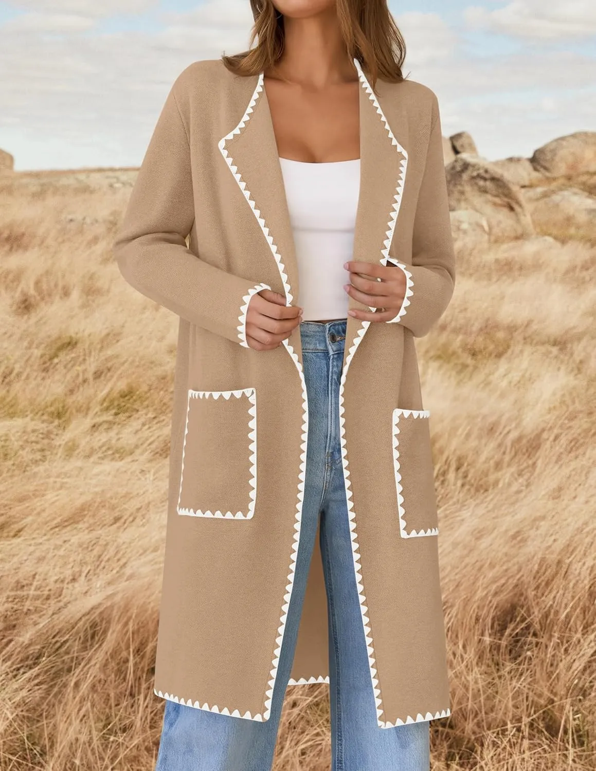 ZESICA Women's Open Front Long Cardigan Sweater Casual Lapel Coatigan Coat Fall Jacket Outerwear with Pockets