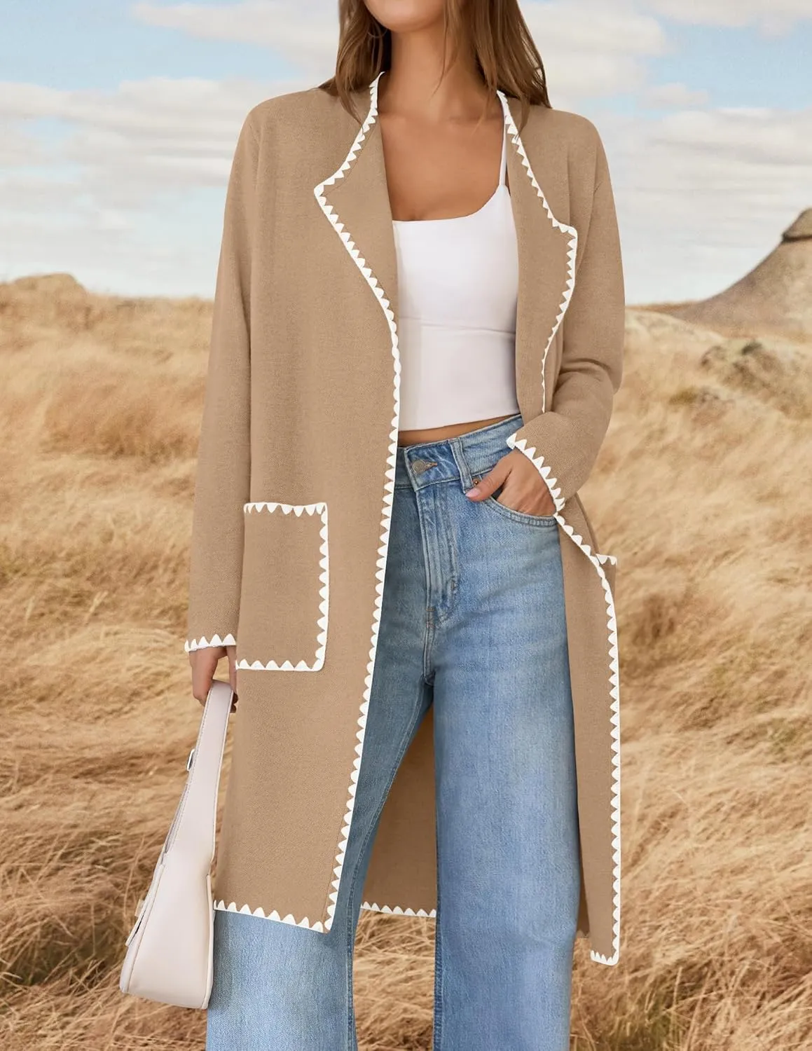 ZESICA Women's Open Front Long Cardigan Sweater Casual Lapel Coatigan Coat Fall Jacket Outerwear with Pockets