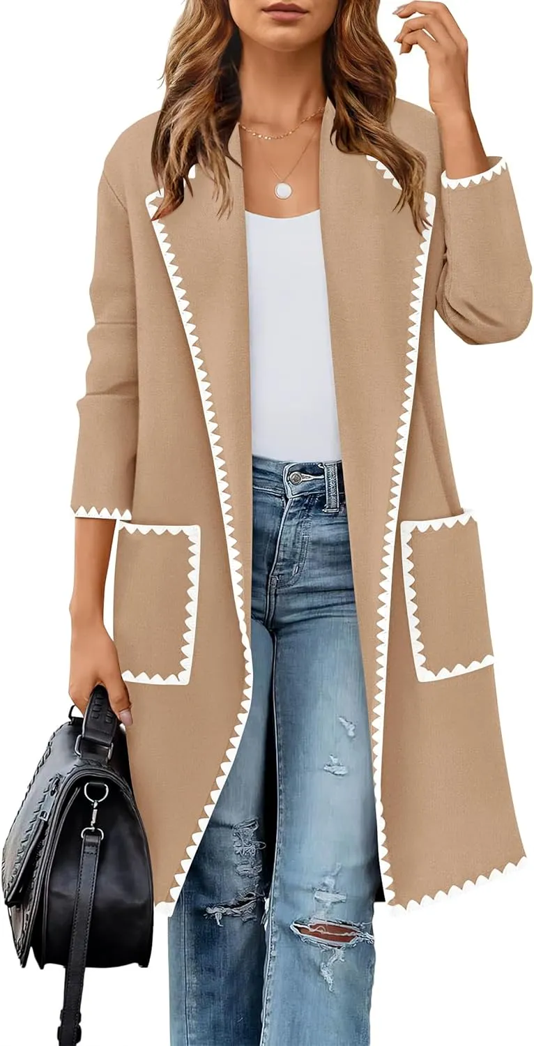 ZESICA Women's Open Front Long Cardigan Sweater Casual Lapel Coatigan Coat Fall Jacket Outerwear with Pockets