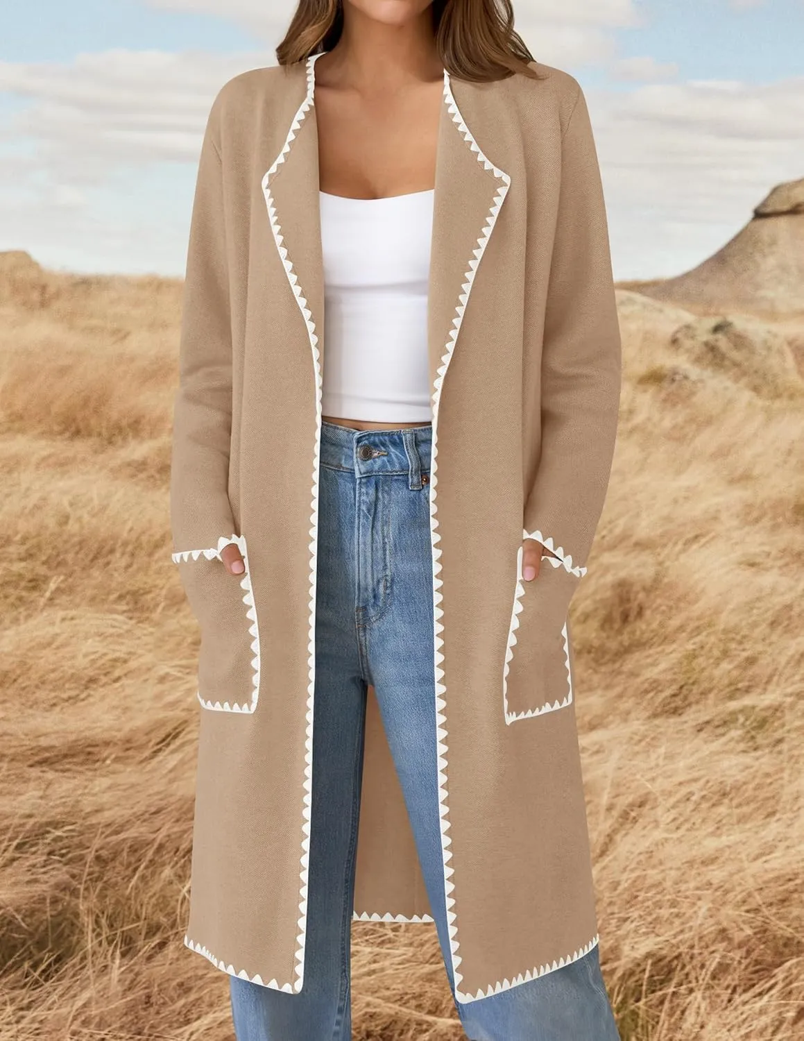 ZESICA Women's Open Front Long Cardigan Sweater Casual Lapel Coatigan Coat Fall Jacket Outerwear with Pockets