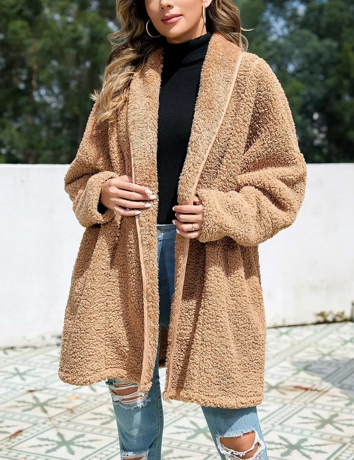 Zilcremo Women Oversized Fleece Cardigan Open Front Shawl Collar Long Sleeve Sherpa Fuzzy Jacket Outerwear Coats with Pockets