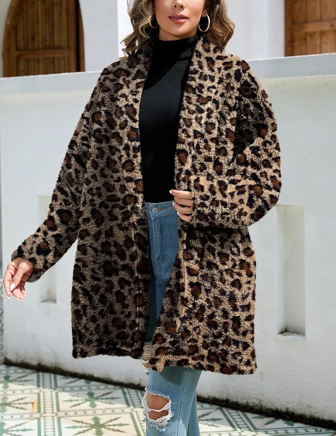 Zilcremo Women Oversized Fleece Cardigan Open Front Shawl Collar Long Sleeve Sherpa Fuzzy Jacket Outerwear Coats with Pockets