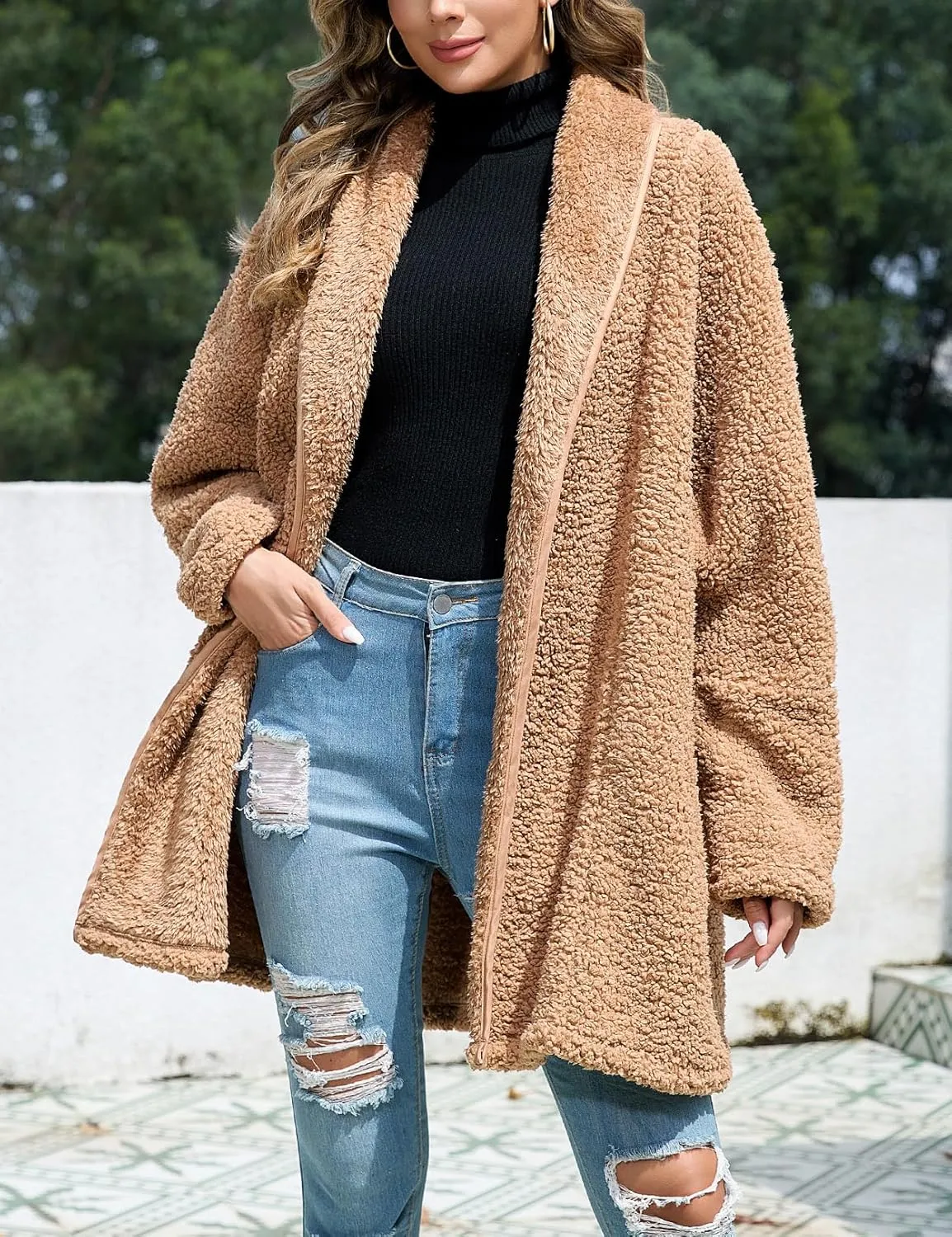 Zilcremo Women Oversized Fleece Cardigan Open Front Shawl Collar Long Sleeve Sherpa Fuzzy Jacket Outerwear Coats with Pockets