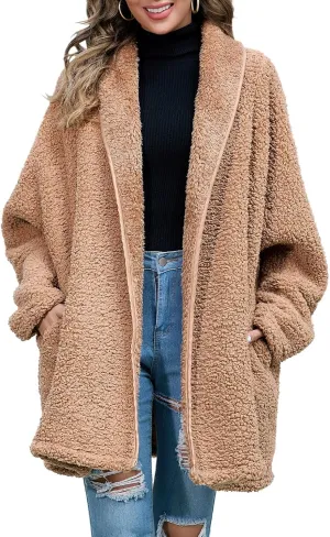 Zilcremo Women Oversized Fleece Cardigan Open Front Shawl Collar Long Sleeve Sherpa Fuzzy Jacket Outerwear Coats with Pockets