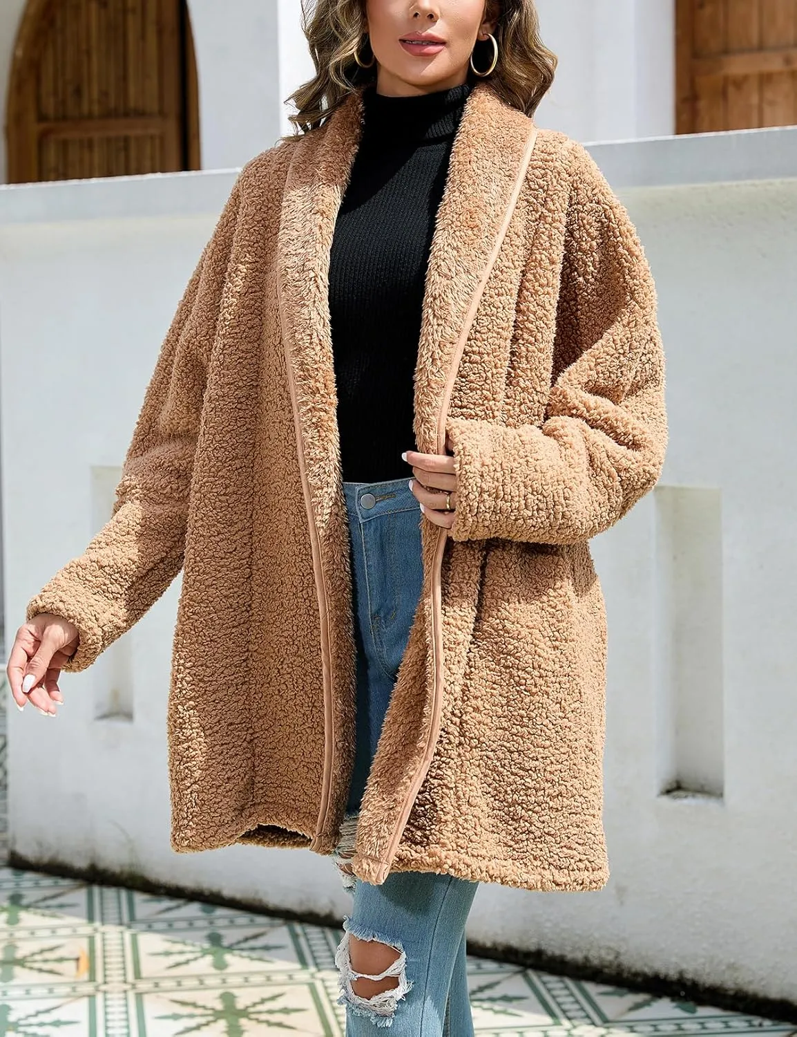Zilcremo Women Oversized Fleece Cardigan Open Front Shawl Collar Long Sleeve Sherpa Fuzzy Jacket Outerwear Coats with Pockets