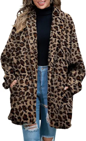 Zilcremo Women Oversized Fleece Cardigan Open Front Shawl Collar Long Sleeve Sherpa Fuzzy Jacket Outerwear Coats with Pockets