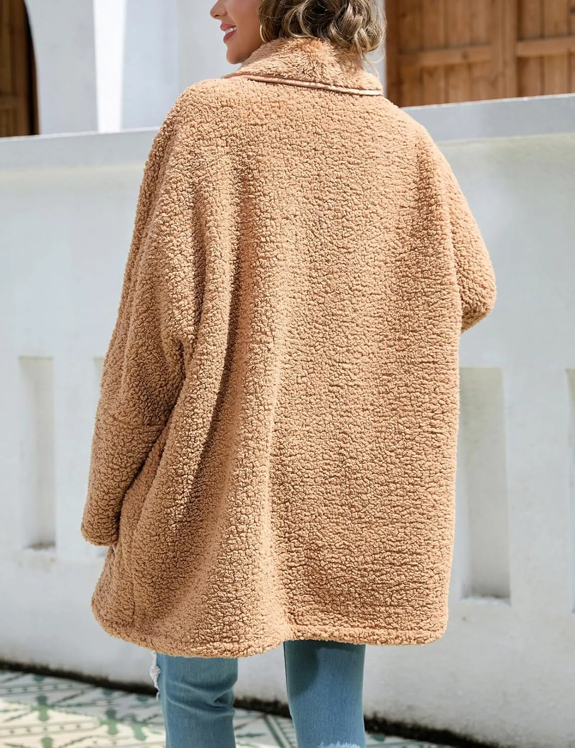 Zilcremo Women Oversized Fleece Cardigan Open Front Shawl Collar Long Sleeve Sherpa Fuzzy Jacket Outerwear Coats with Pockets