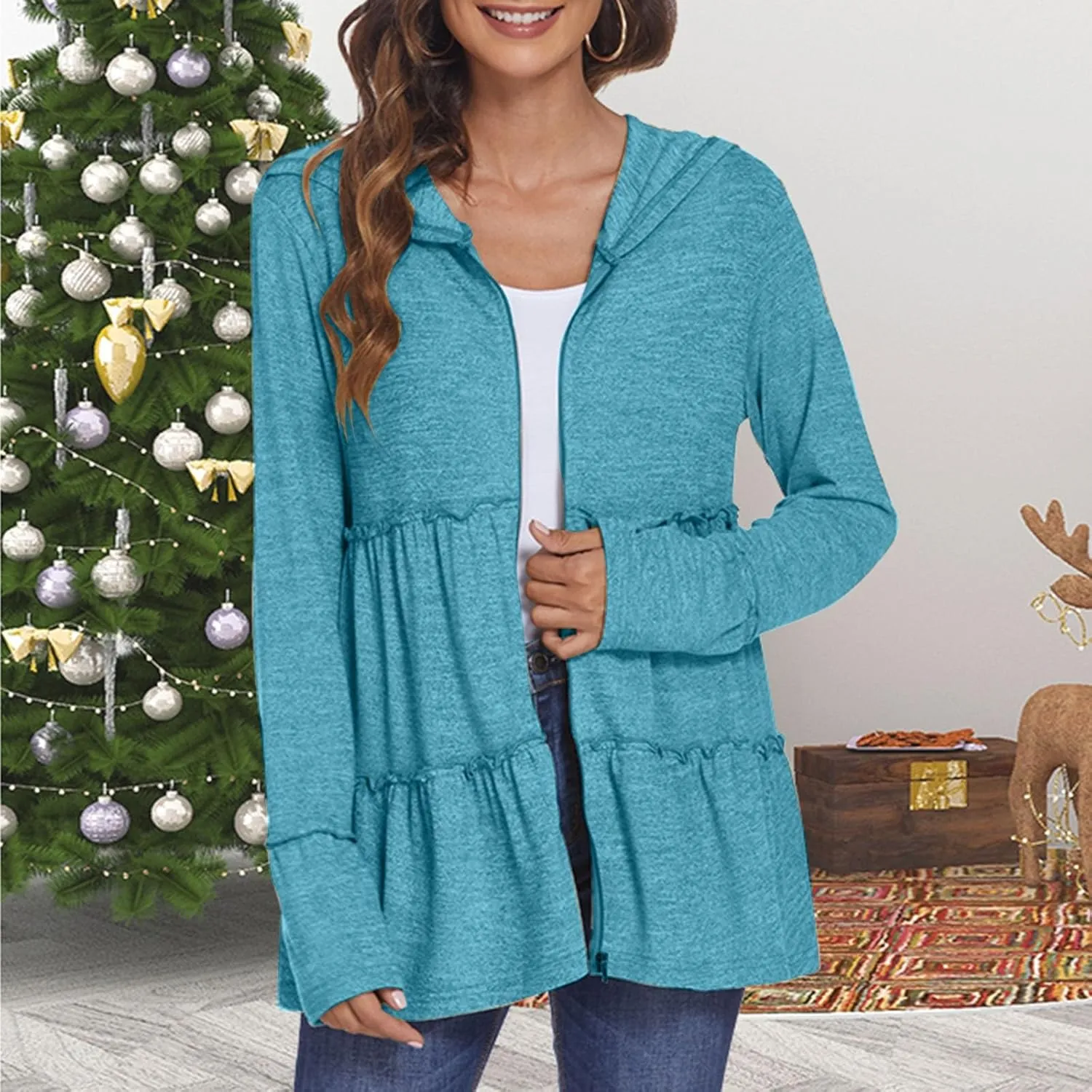 Zip Up Hoodie Women Casual Peplum Lightweight Athletic Sweat Zip Up Jackets Cute Tiered Ruffle Sweatshirt Hoodies